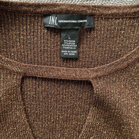 I.N.C International Concepts Brown Bronze Metallic Keyhole Blouse Top Size L - Picture 6 of 9